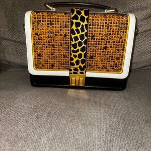 MCM Leopard Print Satchel with Black and White Trim
